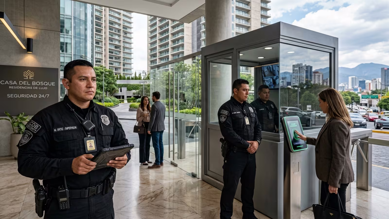 Guardia de seguridad en el acceso de un condominio residencial