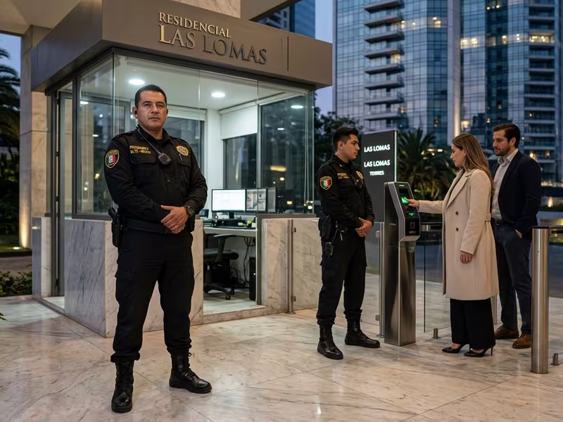 Personal de seguridad en el acceso de un condominio durante un evento