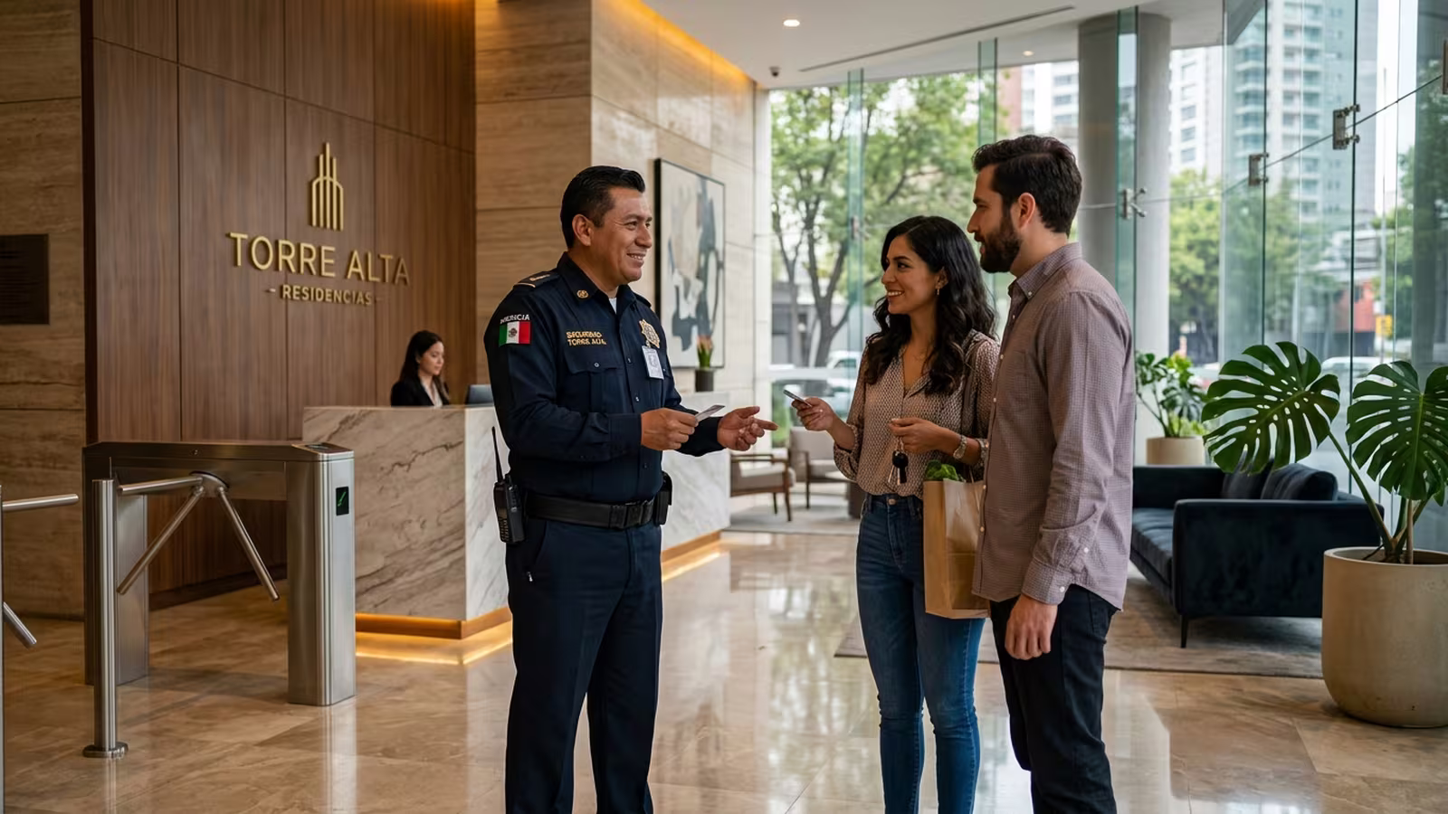 Guardia de seguridad atendiendo con criterio una situación