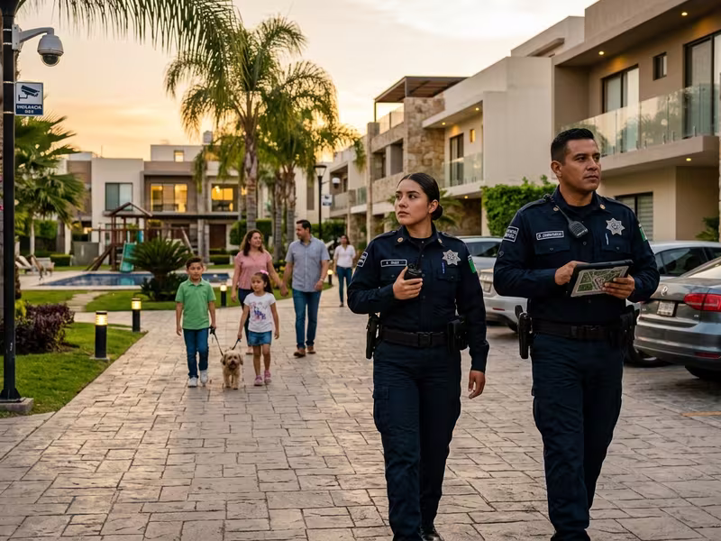 Guardias de seguridad privada realizando patrullaje en condominio residencial