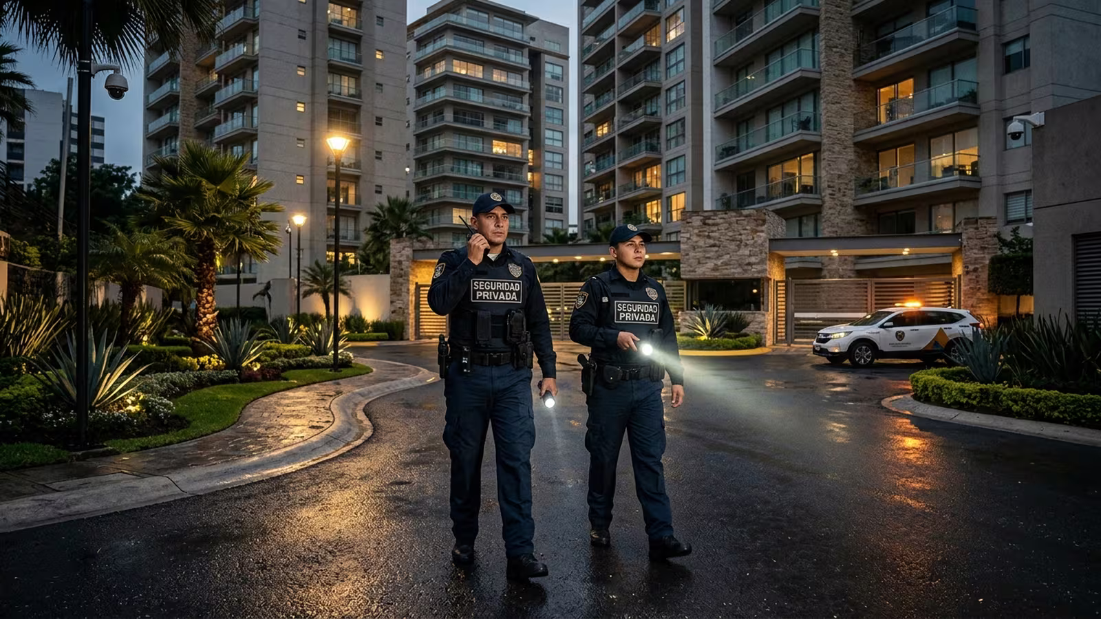 Guardia en recorrido de rondín por el condominio