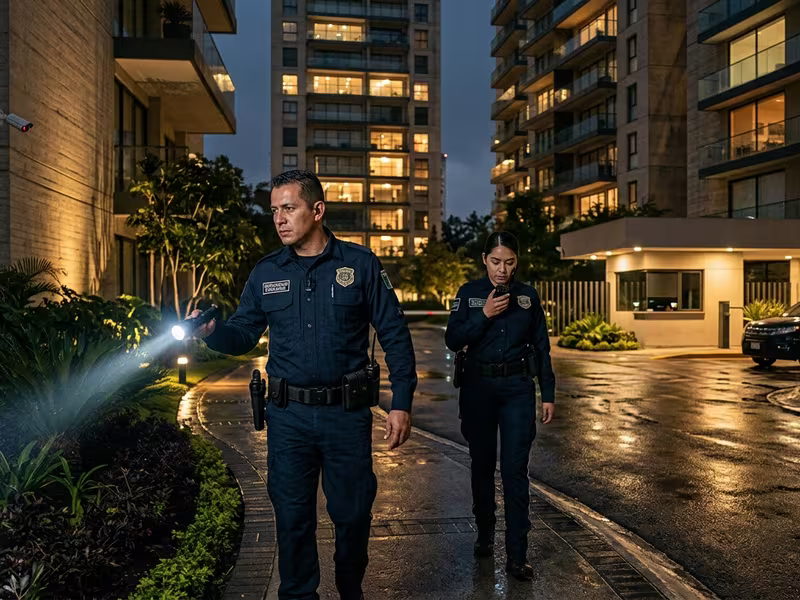 Guardia de seguridad realizando un rondín en un condominio